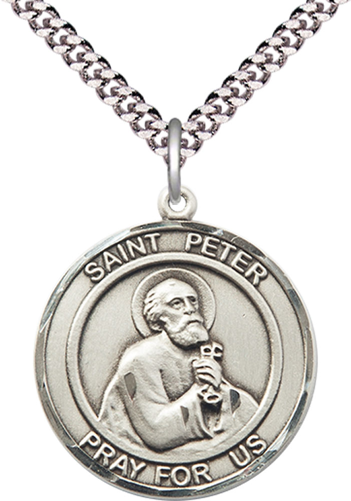 Sterling Silver Saint Peter the Apostle Pendant on a 24 inch Light Rhodium Heavy Curb chain