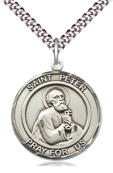 Sterling Silver Saint Peter the Apostle Pendant on a 24 inch Light Rhodium Heavy Curb chain