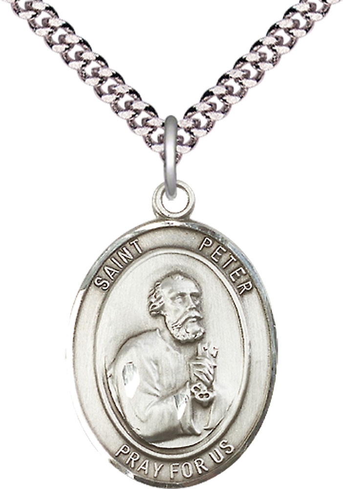 Sterling Silver Saint Peter the Apostle Pendant on a 24 inch Light Rhodium Heavy Curb chain