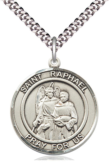 Sterling Silver Saint Raphael the Archangel Pendant on a 24 inch Light Rhodium Heavy Curb chain