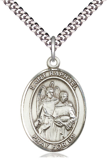 Sterling Silver Saint Raphael the Archangel Pendant on a 24 inch Light Rhodium Heavy Curb chain