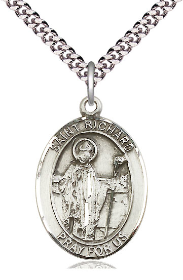 Sterling Silver Saint Richard Pendant on a 24 inch Light Rhodium Heavy Curb chain