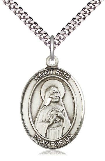 Sterling Silver Saint Rita of Cascia Pendant on a 24 inch Light Rhodium Heavy Curb chain