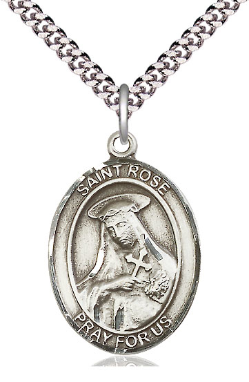 Sterling Silver Saint Rose of Lima Pendant on a 24 inch Light Rhodium Heavy Curb chain