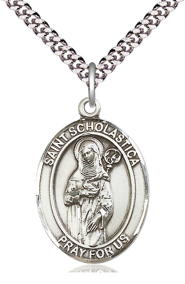 Sterling Silver Saint Scholastica Pendant on a 24 inch Light Rhodium Heavy Curb chain