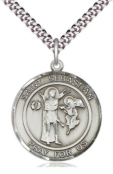 Sterling Silver Saint Sebastian Pendant on a 24 inch Light Rhodium Heavy Curb chain