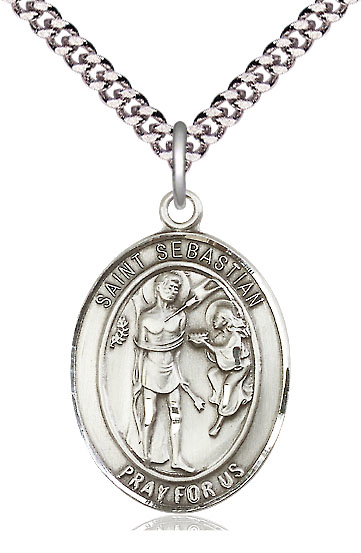 Sterling Silver Saint Sebastian Pendant on a 24 inch Light Rhodium Heavy Curb chain