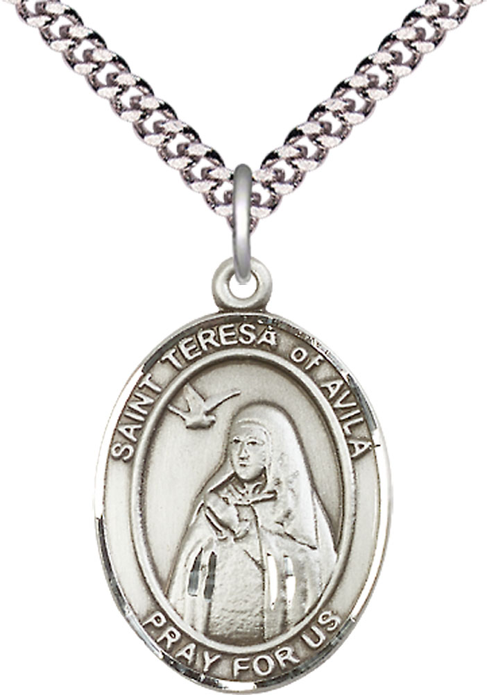 Sterling Silver Saint Teresa of Avila Pendant on a 24 inch Light Rhodium Heavy Curb chain