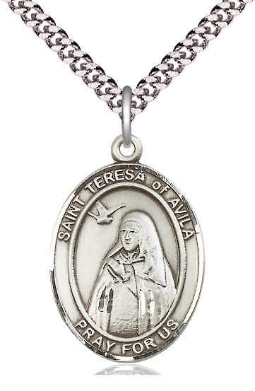 Sterling Silver Saint Teresa of Avila Pendant on a 24 inch Light Rhodium Heavy Curb chain