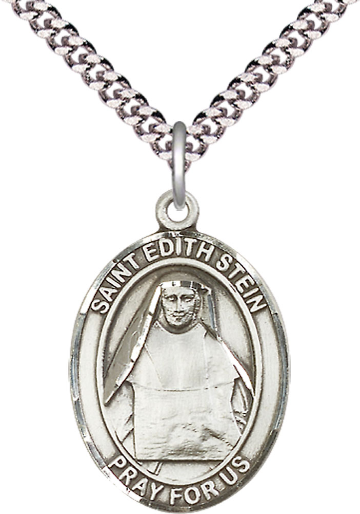 Sterling Silver Saint Edith Stein Pendant on a 24 inch Light Rhodium Heavy Curb chain