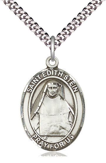 Sterling Silver Saint Edith Stein Pendant on a 24 inch Light Rhodium Heavy Curb chain