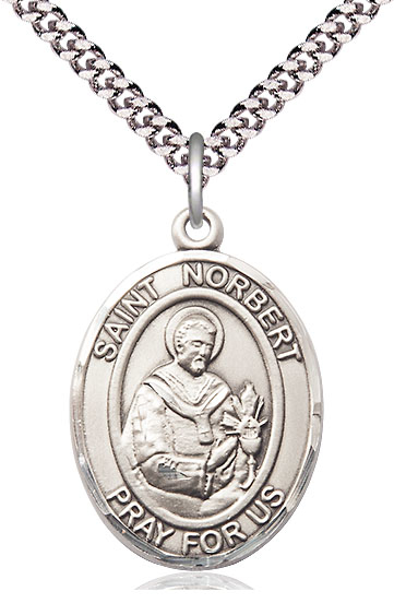 Sterling Silver Saint Norbert of Xanten Pendant on a 24 inch Light Rhodium Heavy Curb chain