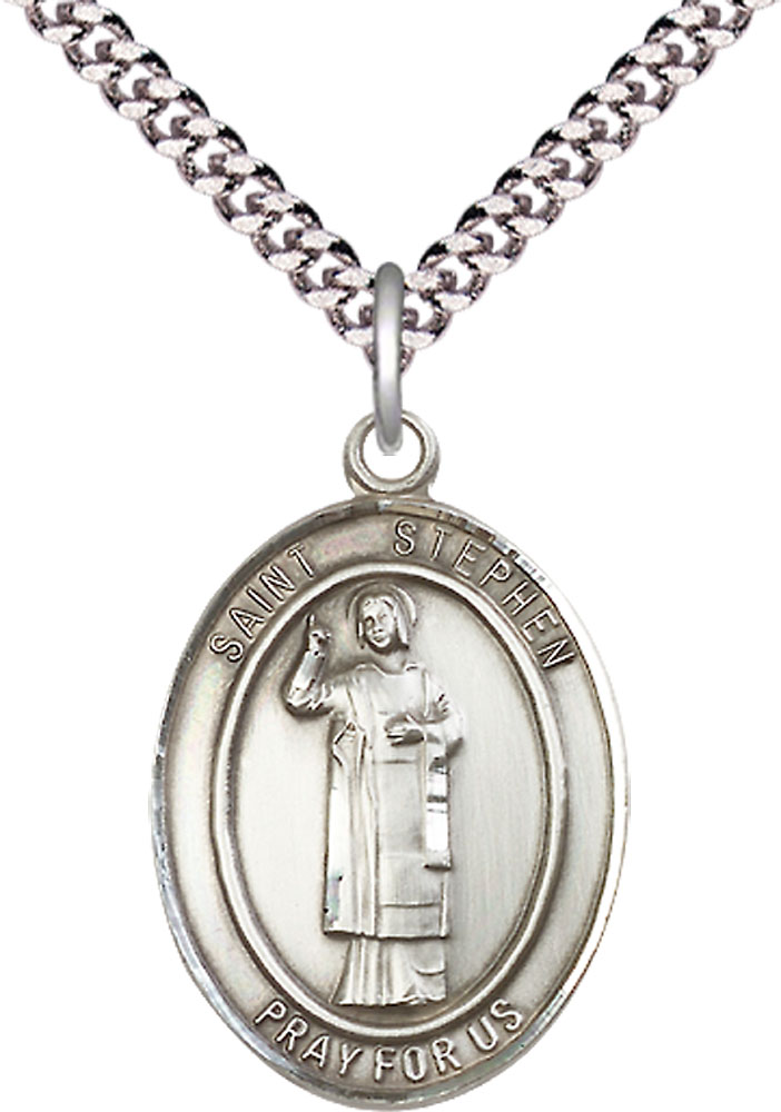 Sterling Silver Saint Stephen the Martyr Pendant on a 24 inch Light Rhodium Heavy Curb chain