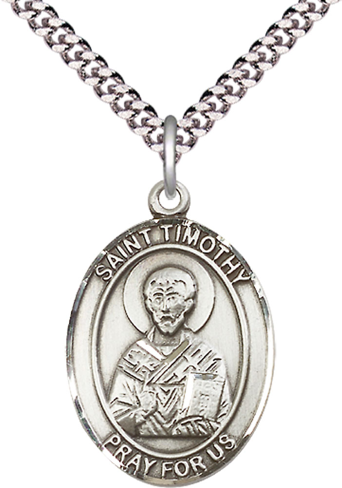 Sterling Silver Saint Timothy Pendant on a 24 inch Light Rhodium Heavy Curb chain
