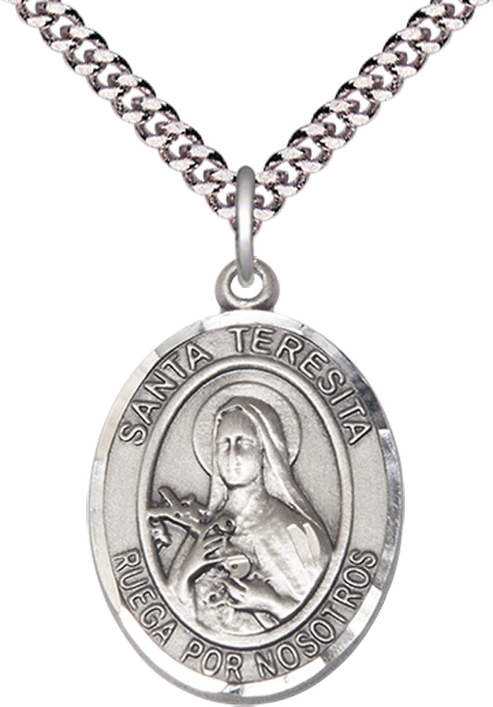 Sterling Silver Santa Teresita Pendant on a 24 inch Light Rhodium Heavy Curb chain