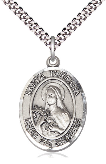 Sterling Silver Santa Teresita Pendant on a 24 inch Light Rhodium Heavy Curb chain