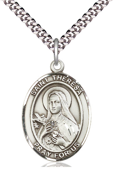 Sterling Silver Saint Theresa Pendant on a 24 inch Light Rhodium Heavy Curb chain