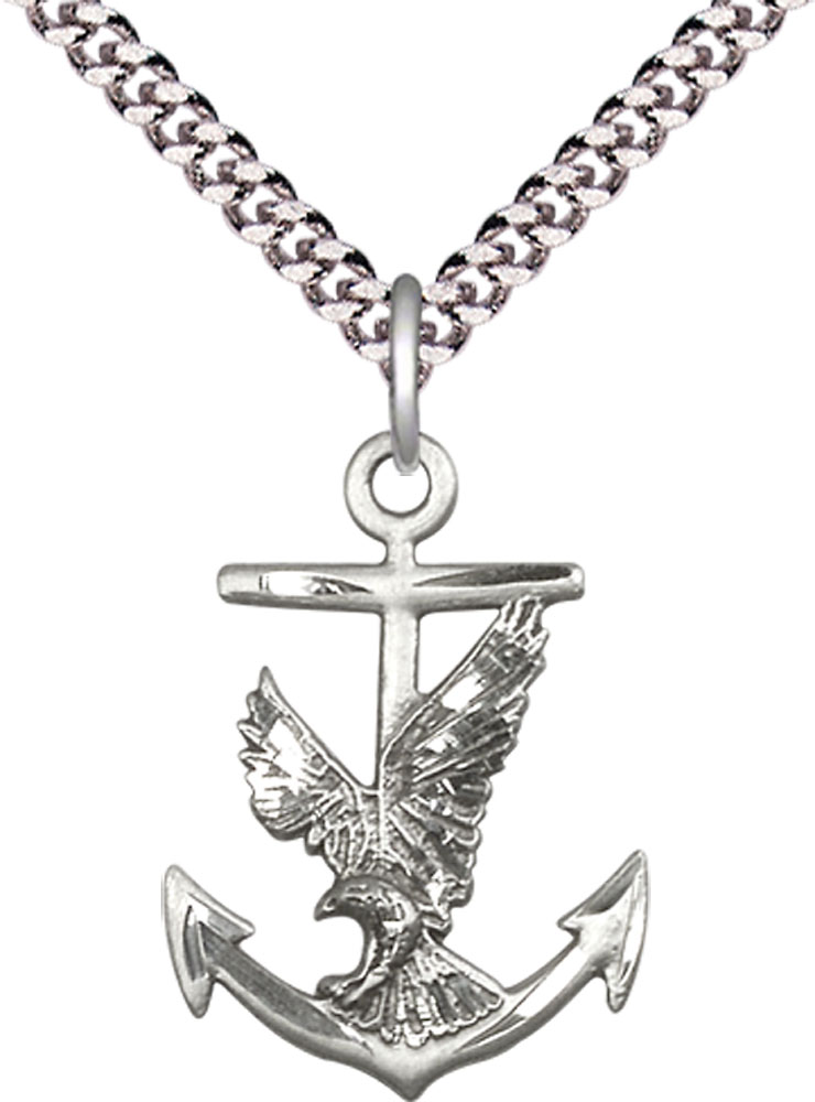 Sterling Silver Anchor Eagle Pendant on a 24 inch Light Rhodium Heavy Curb chain