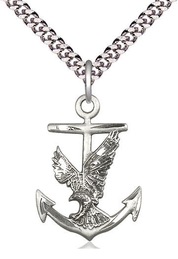 Sterling Silver Anchor Eagle Pendant on a 24 inch Light Rhodium Heavy Curb chain
