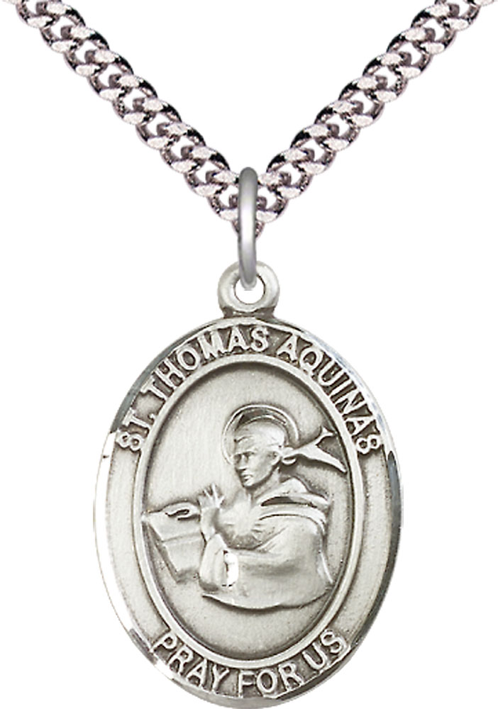 Sterling Silver Saint Thomas Aquinas Pendant on a 24 inch Light Rhodium Heavy Curb chain