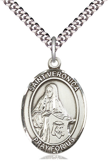 Sterling Silver Saint Veronica Pendant on a 24 inch Light Rhodium Heavy Curb chain