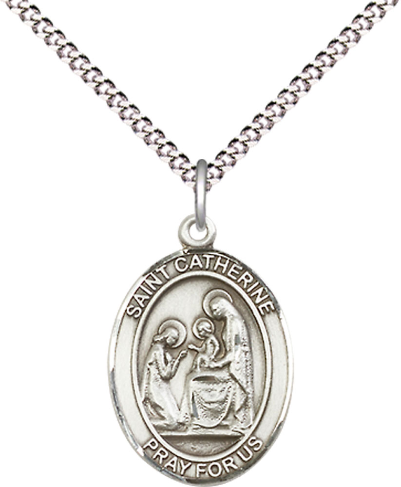 Sterling Silver Saint Catherine of Siena Pendant on a 18 inch Light Rhodium Light Curb chain