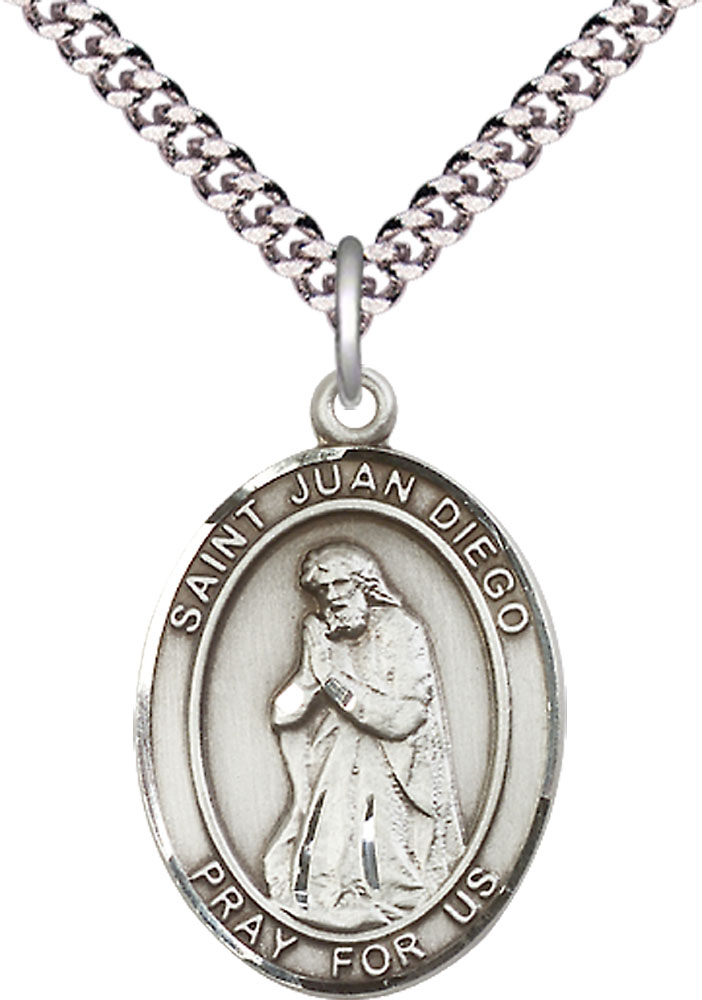 Sterling Silver Saint Juan Diego Pendant on a 24 inch Light Rhodium Heavy Curb chain