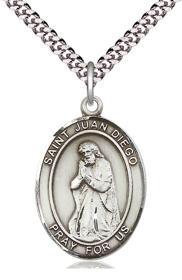 Sterling Silver Saint Juan Diego Pendant on a 24 inch Light Rhodium Heavy Curb chain