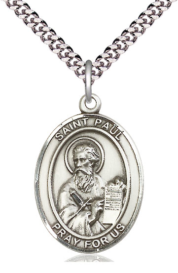 Sterling Silver Saint Paul the Apostle Pendant on a 24 inch Light Rhodium Heavy Curb chain