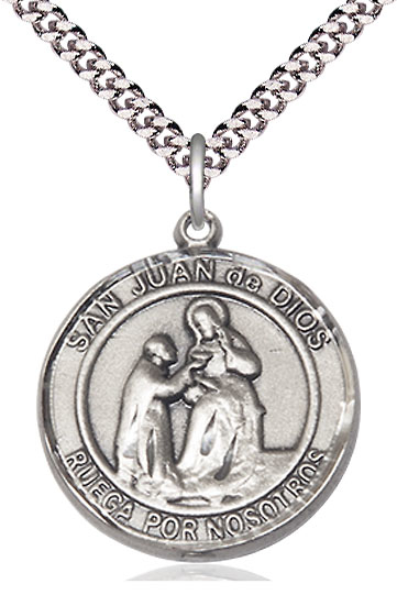 Sterling Silver San Juan de Dios Pendant on a 24 inch Light Rhodium Heavy Curb chain