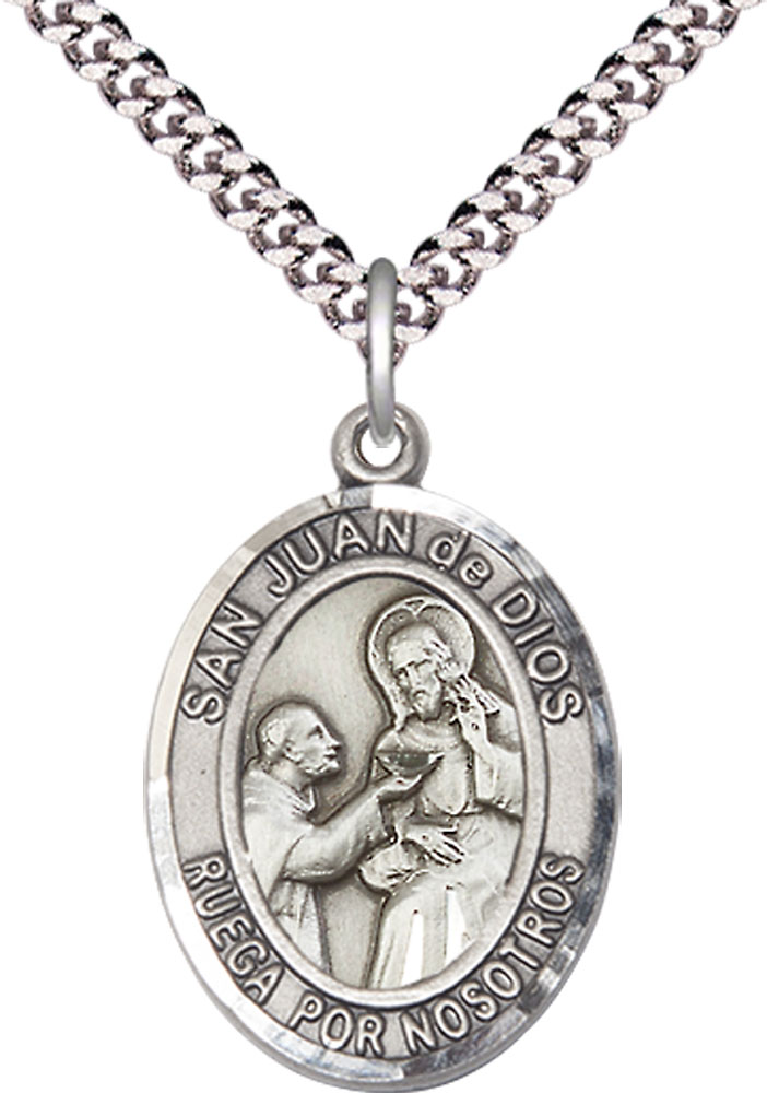 Sterling Silver San Juan de Dios Pendant on a 24 inch Light Rhodium Heavy Curb chain