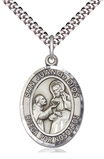 Sterling Silver San Juan de Dios Pendant on a 24 inch Light Rhodium Heavy Curb chain