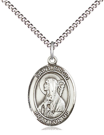 Sterling Silver Saint Brigid of Ireland Pendant on a 18 inch Light Rhodium Light Curb chain