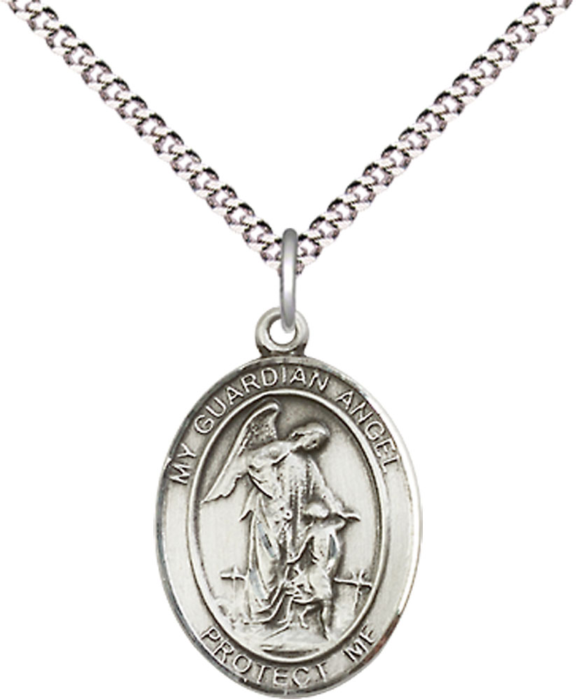 Sterling Silver Guardian Angel Pendant on a 18 inch Light Rhodium Light Curb chain