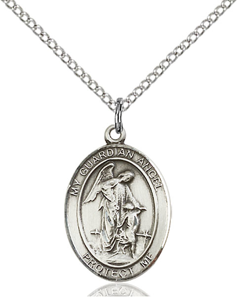 Sterling Silver Guardian Angel Pendant on a 18 inch Light Rhodium Light Curb chain