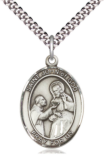 Sterling Silver Saint John of God Pendant on a 24 inch Light Rhodium Heavy Curb chain