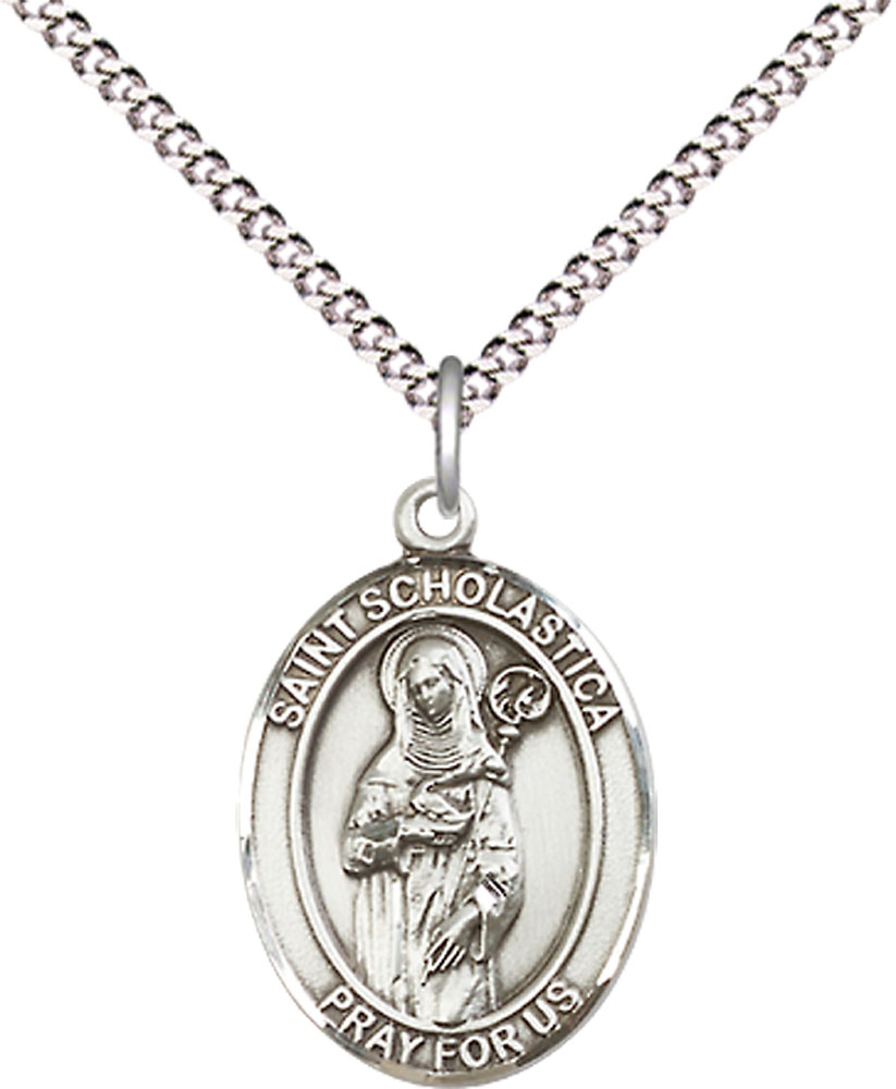 Sterling Silver Saint Scholastica Pendant on a 18 inch Light Rhodium Light Curb chain