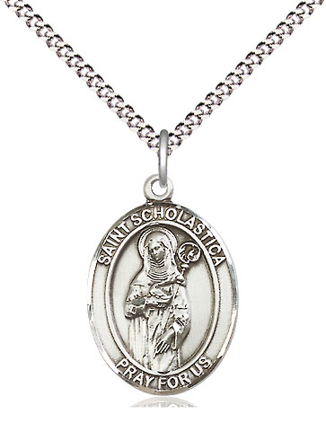 Sterling Silver Saint Scholastica Pendant on a 18 inch Light Rhodium Light Curb chain