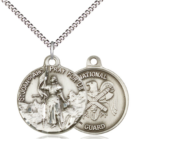 Sterling Silver Saint Joan of Arc National Guard Pendant on a 18 inch Light Rhodium Light Curb chain