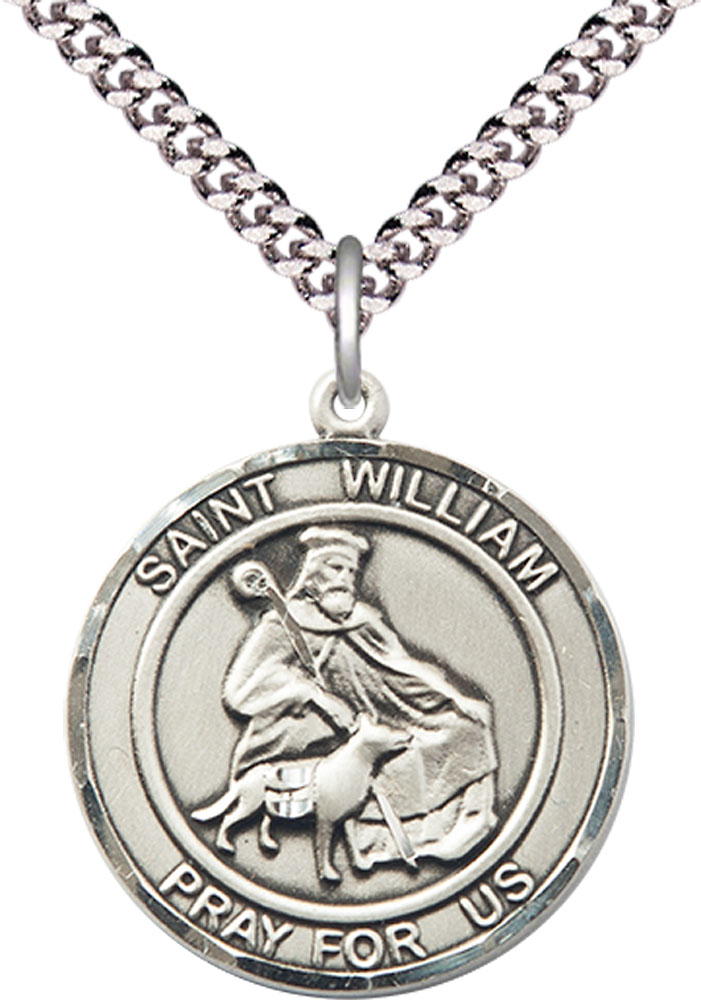 Sterling Silver Saint William of Rochester Pendant on a 24 inch Light Rhodium Heavy Curb chain