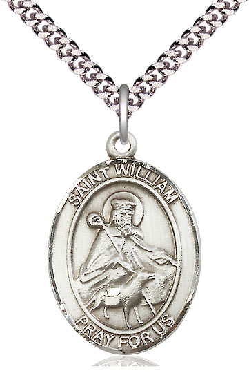 Sterling Silver Saint William of Rochester Pendant on a 24 inch Light Rhodium Heavy Curb chain