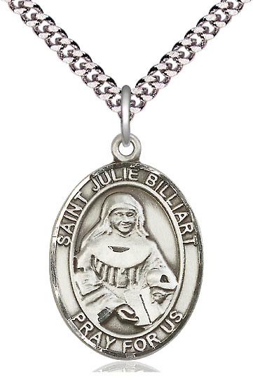 Sterling Silver Saint Julie Billiart Pendant on a 24 inch Light Rhodium Heavy Curb chain