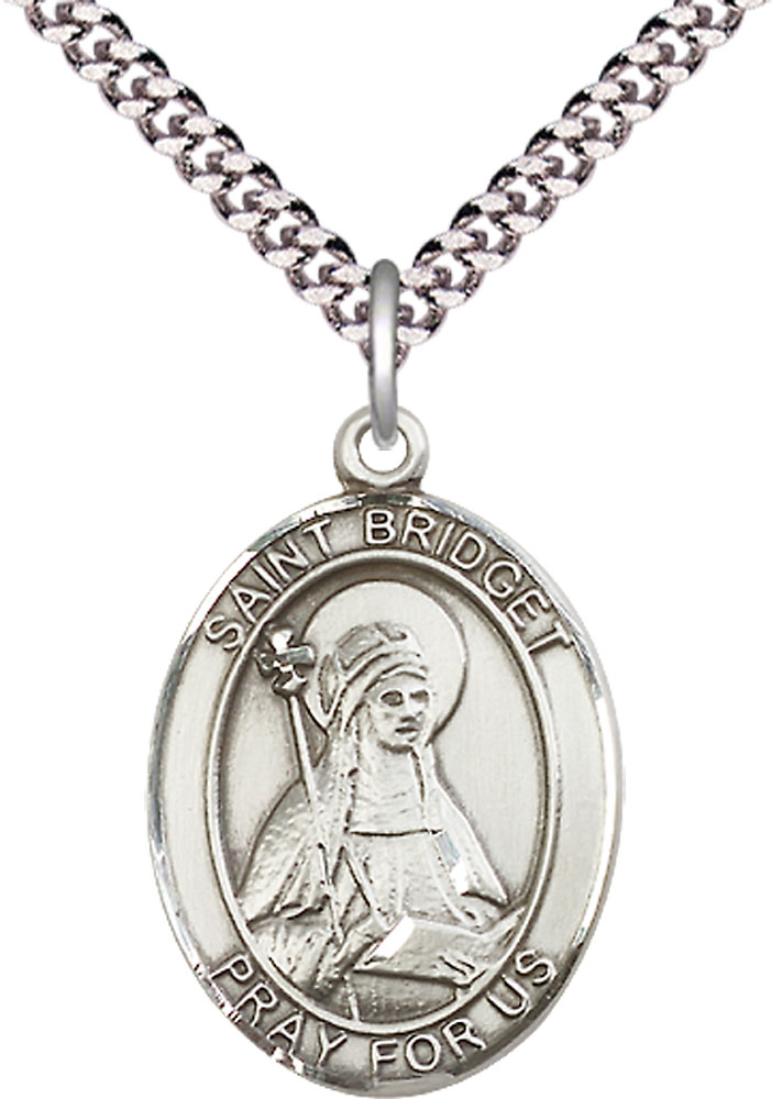 Sterling Silver Saint Bridget of Sweden Pendant on a 24 inch Light Rhodium Heavy Curb chain