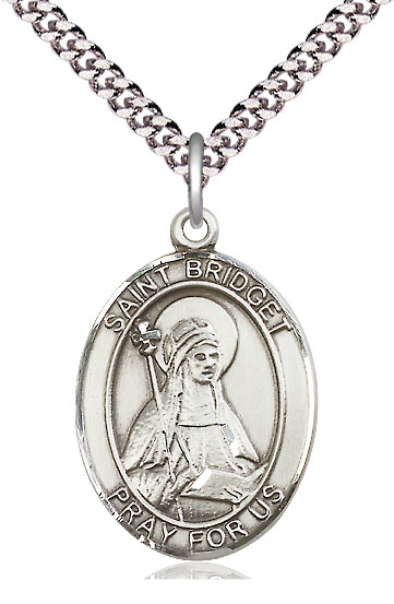 Sterling Silver Saint Bridget of Sweden Pendant on a 24 inch Light Rhodium Heavy Curb chain