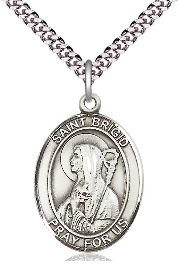 Sterling Silver Saint Brigid of Ireland Pendant on a 24 inch Light Rhodium Heavy Curb chain