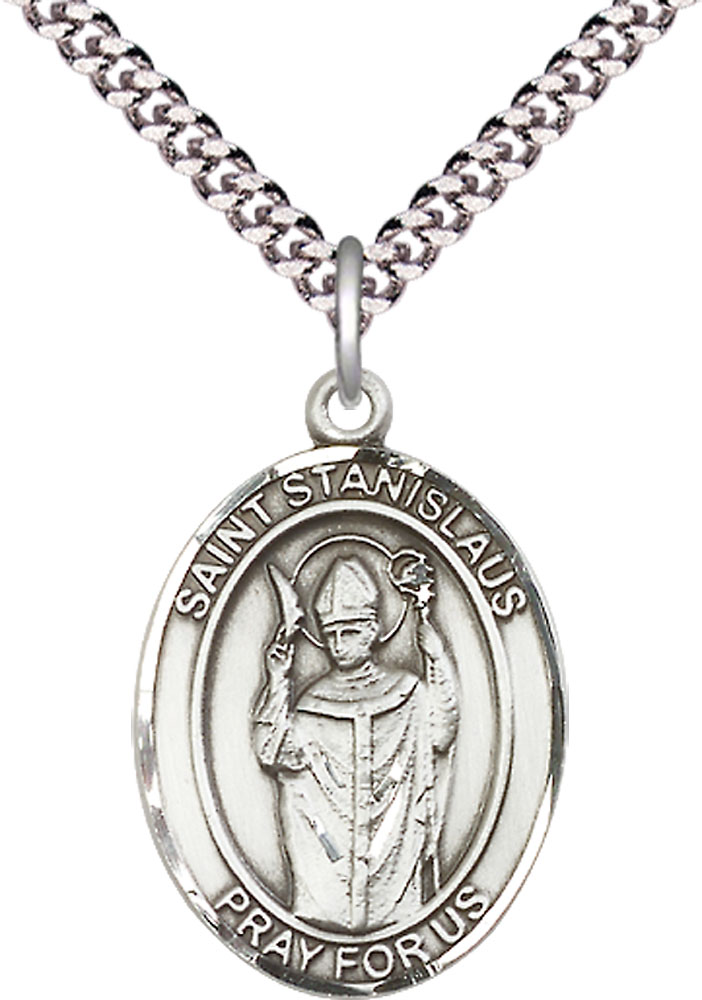 Sterling Silver Saint Stanislaus Pendant on a 24 inch Light Rhodium Heavy Curb chain