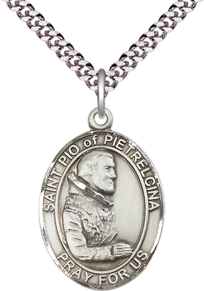 Sterling Silver Saint Pio of Pietrelcina Pendant on a 24 inch Light Rhodium Heavy Curb chain