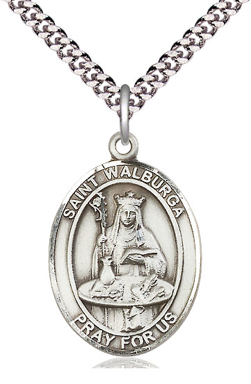 Sterling Silver Saint Walburga Pendant on a 24 inch Light Rhodium Heavy Curb chain