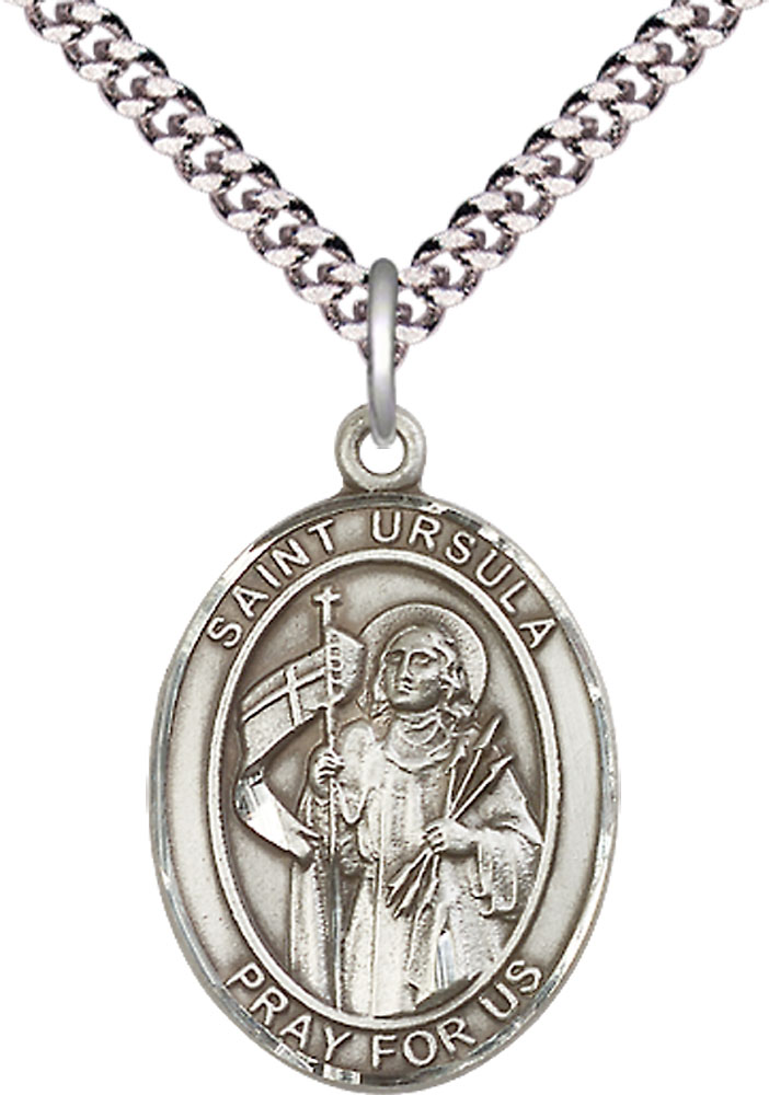 Sterling Silver Saint Ursula Pendant on a 24 inch Light Rhodium Heavy Curb chain