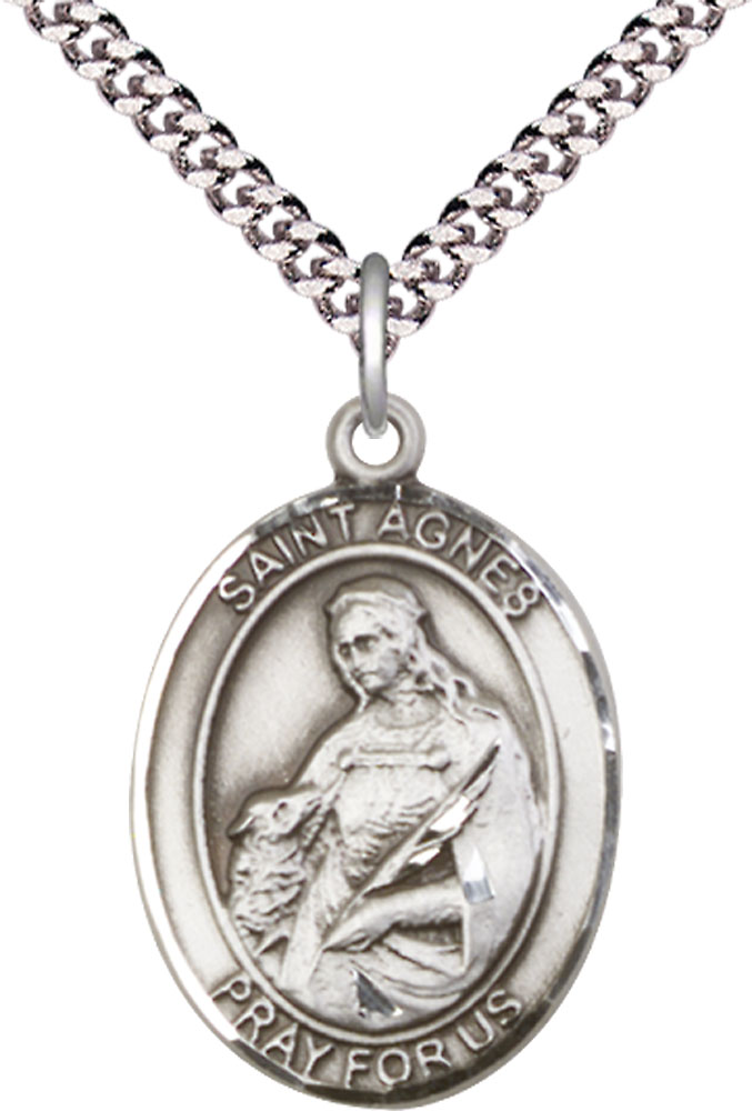 Sterling Silver Saint Agnes of Rome Pendant on a 24 inch Light Rhodium Heavy Curb chain